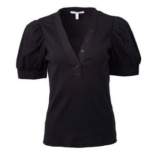 DEREK LAM 10 CROSBY Heather V Neck Puff Sleeve Ribbed T Shirt Black Size L